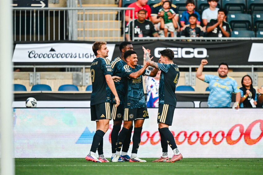 Philadelphia Union defender Nate Harriel celebrates scoring a goal vs Necaxa in Leagues Cup play